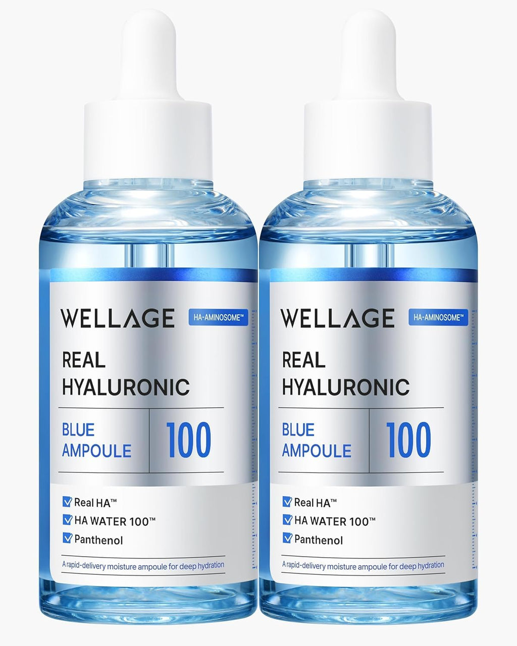 WELLAGE Real Hyaluronic Blue Ampoule 100, Korean Hydrating Serum for Face, Hyaluronic Acid Serum with Panthenol for Sensitive Skin, (3.38Fl.oz + 2.53Fl.oz)