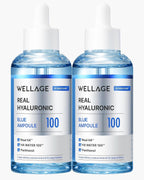 WELLAGE Real Hyaluronic Blue Ampoule 100, Korean Hydrating Serum for Face, Hyaluronic Acid Serum with Panthenol for Sensitive Skin, (3.38Fl.oz + 2.53Fl.oz)