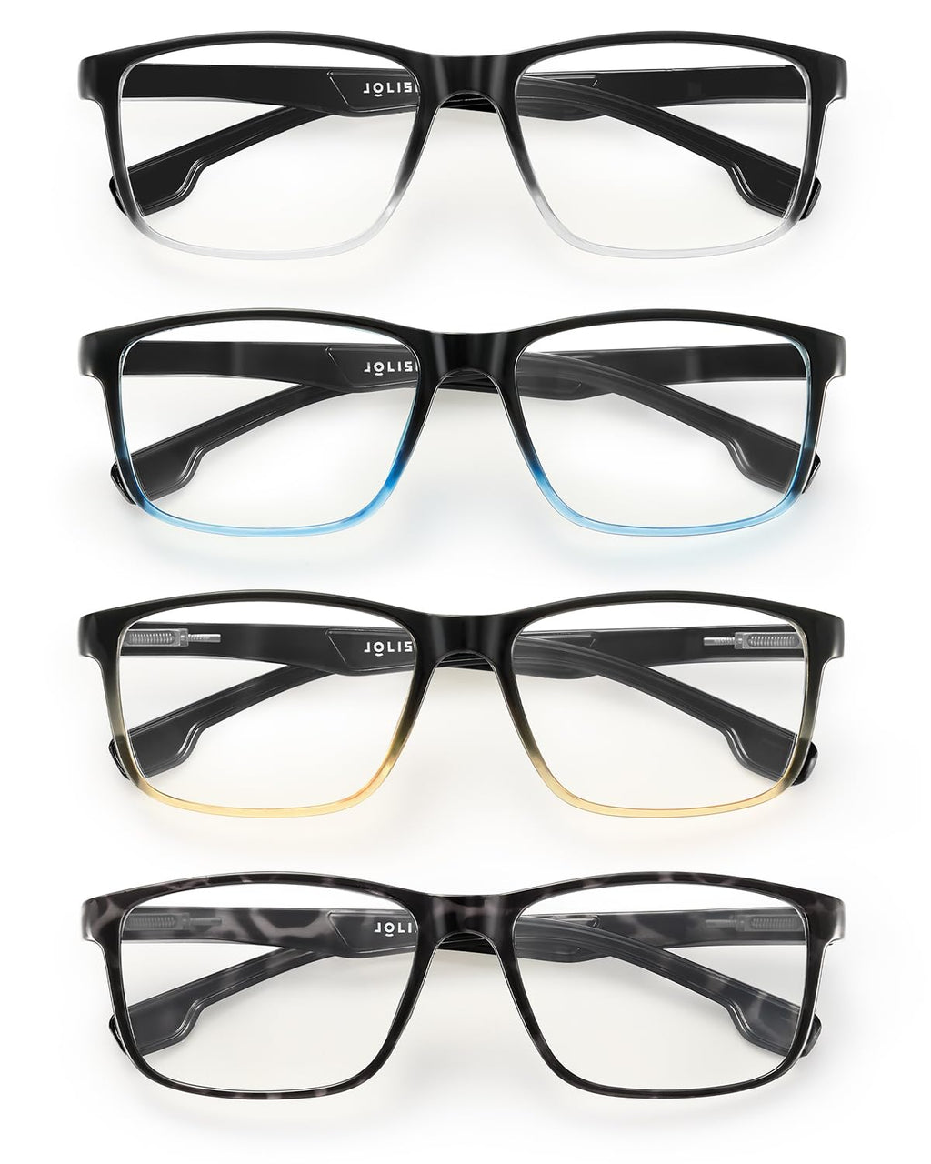 JOLISU 4 Pack Reading Glasses Men Blue Light Blocking with Spring Hinge, Anti Eyestrain/UV Large Wide Square Computer Readers (1.00)