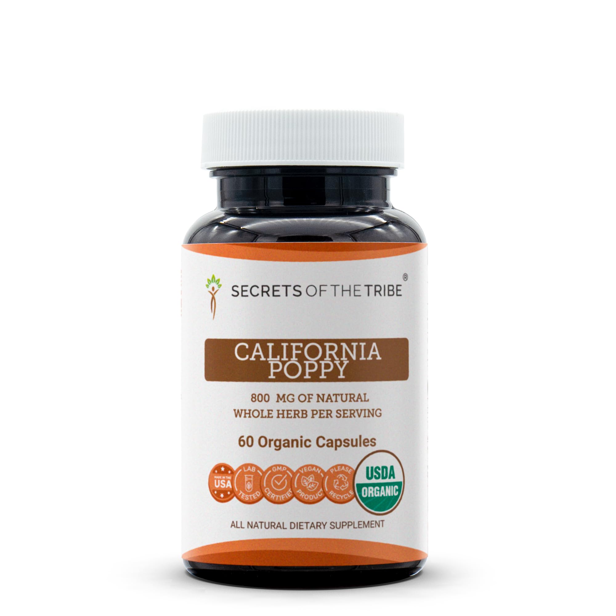 Secrets of the Tribe California Poppy USDA Organic 60 Capsules | Made with Vegetarian Capsules and Certified Organic California Poppy (Eschscholzia Californica) Dried Herb and Flower (60 Capsules)