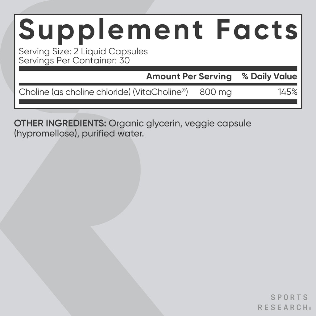 Sports Research® Extra Strength Choline 800 mg - Essential Nutrient Featuring VitaCholine® for Focus Support - Vegan Certified · Non-GMO · Gluten Free - 60 Liquid Capsules