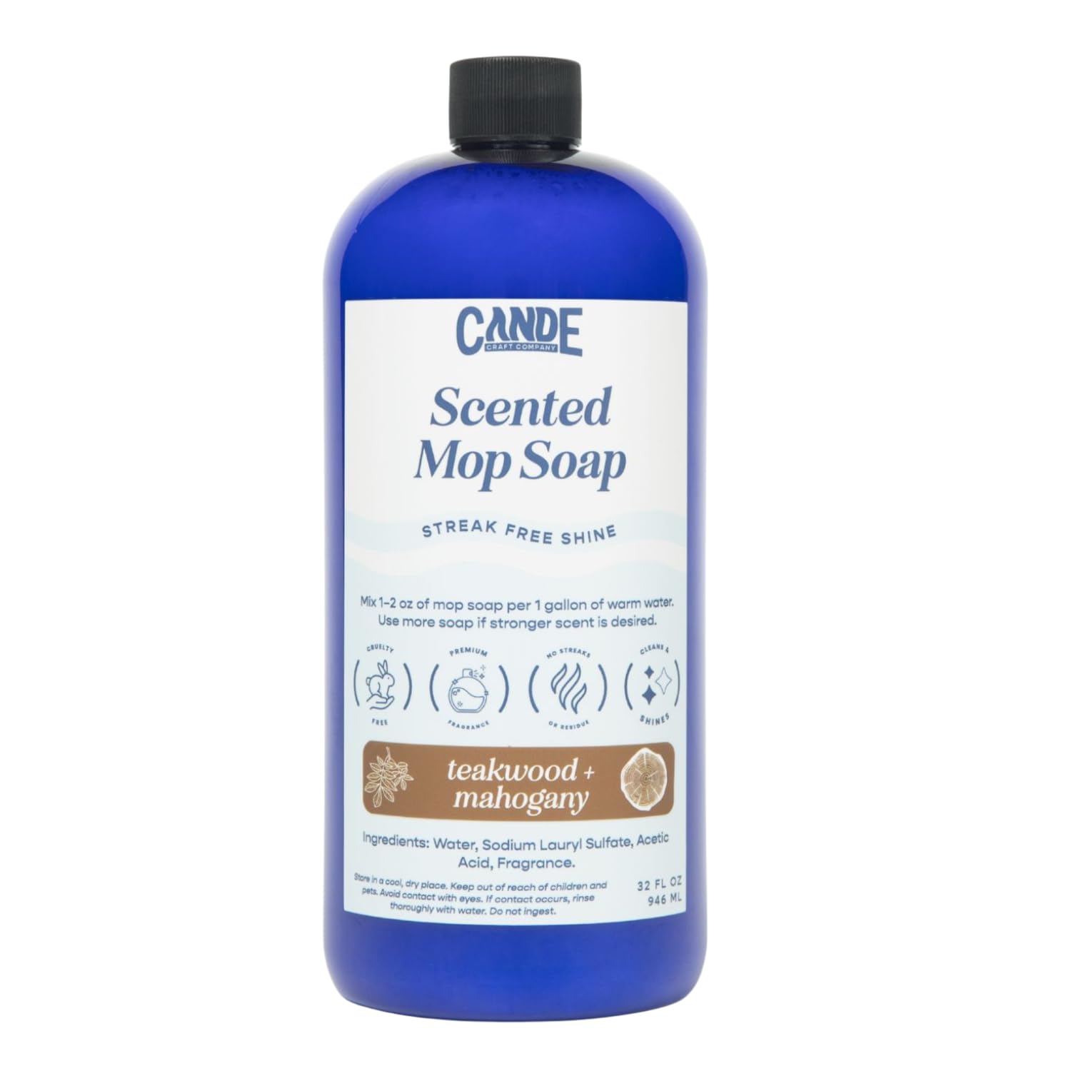 CANDECraftCo CANDE Mop Soap - Highly Scented Mop Soap, Luxury Floor Cleaner, Premium Fragranced Floor, Streak-Free Shine, 32 oz (Teakwood & Mahogany)