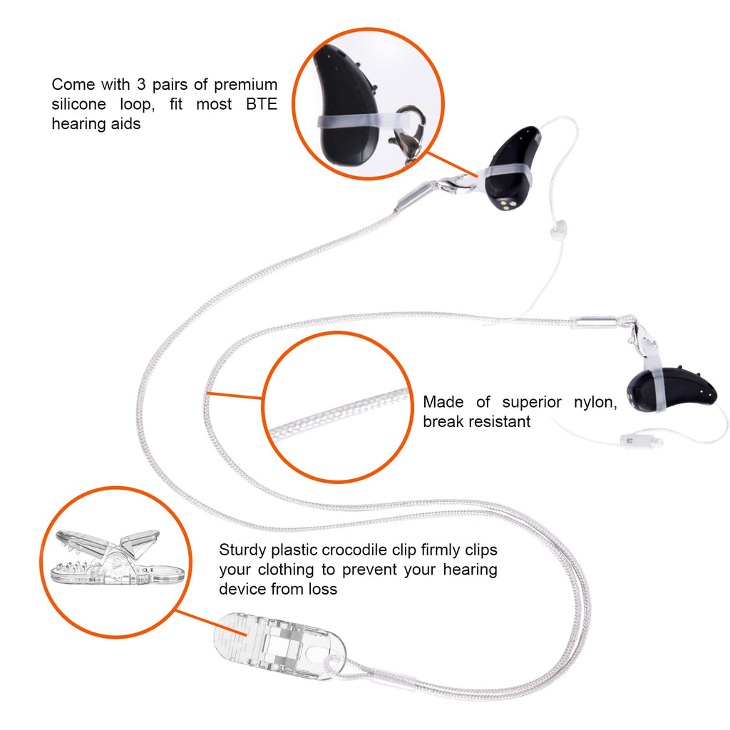 YorkSound Set of 4 Hearing Aid Clips, Adjustable Hearing Aid Lanyard Anti-Lost BTE Clip String with 12 Pairs Silicone Loops, Hearing Protection Accessories for Adults & Kids, Binaural, Grey