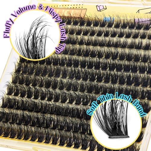ALICE Fluffy Volume Lash Clusters Kit Lash Extension Kit Thick 3D Wispy DIY Eyelash Extension Kit with 220Pcs Mink Look Individual Lashes, Lash Bond and Remover,Tweezers(10-16mm,0.05D, D Curl)