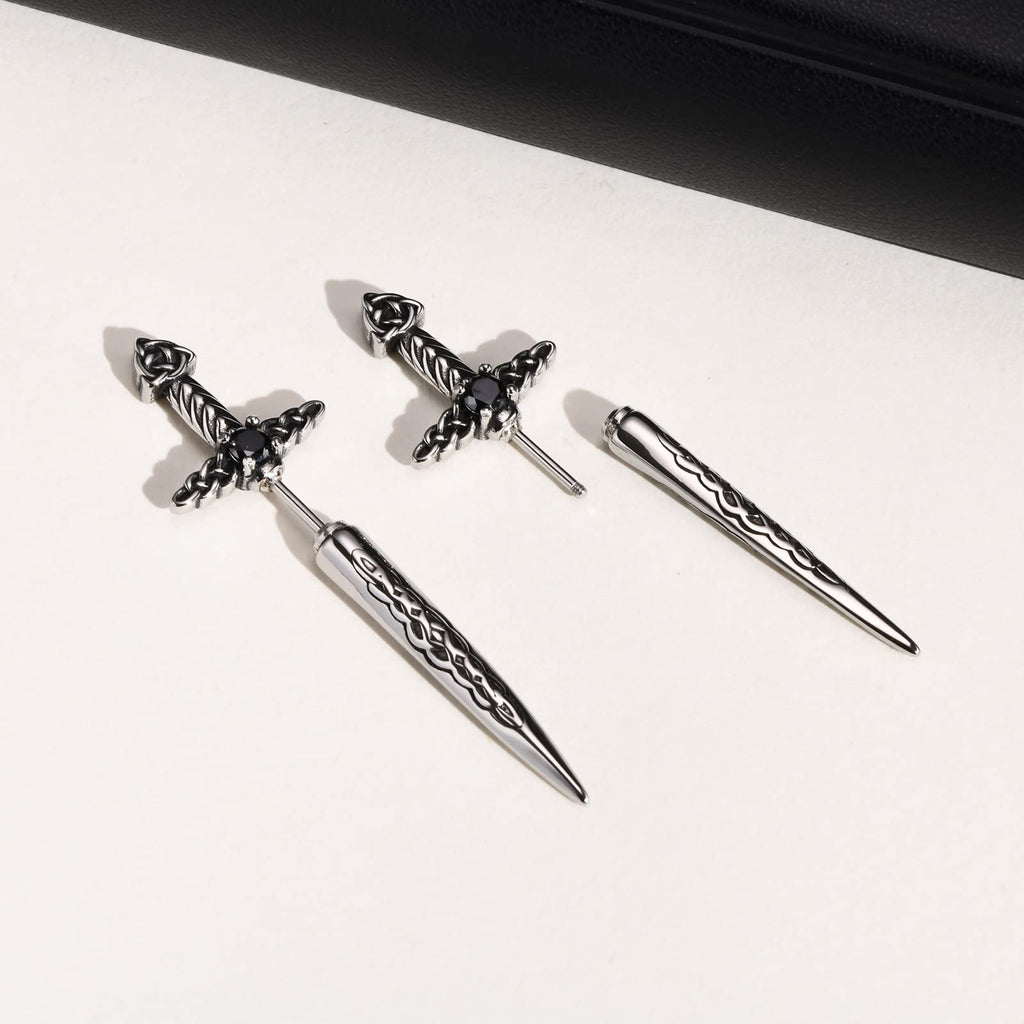 Hisatan Sword Earrings for Men Women, Stainless Steel Gothic Dagger Celtic Knot Irish Studs Earrings, Cool Punk Hip Pop Cubic Zirconia Dangle Goth Screw Spike Earring Jewelry