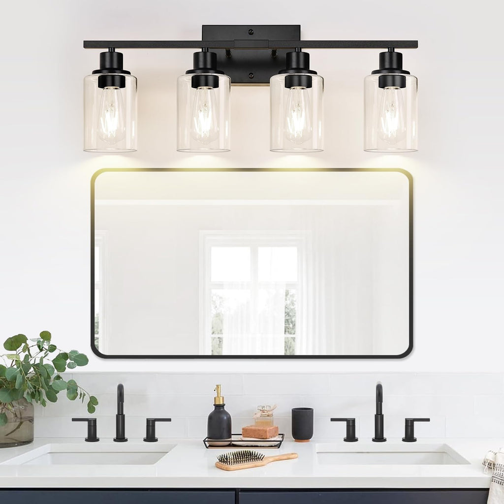 Indoi 4-Light Bathroom Light Fixtures, Matte Black Modern Vanity Lights with Clear Glass Shades, Bathroom Wall Lamp for Mirror Living Room Cabinet Bedroom Porch