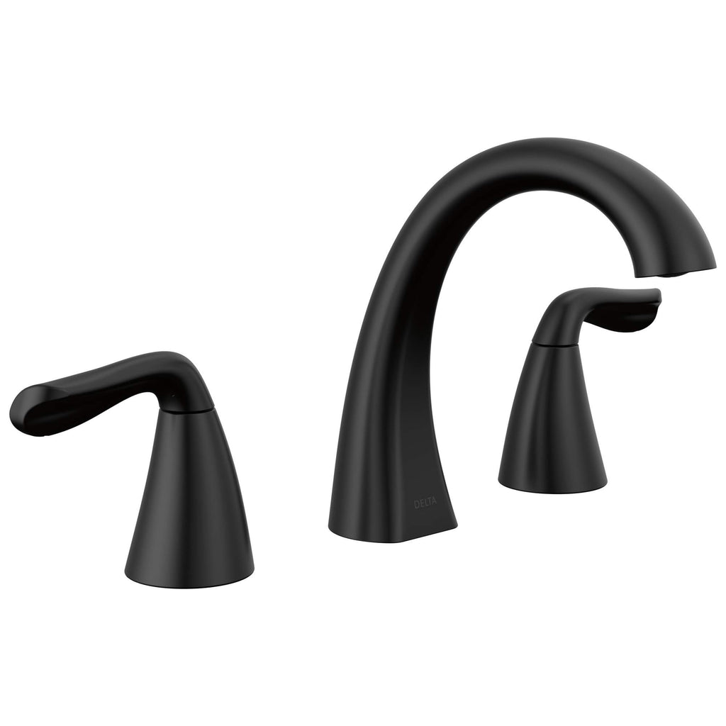 Delta Arvo Matte Black Bathroom Faucet 3 Hole, 8 Inch Widespread Bathroom Sink Faucet for Vanity, Push-Pop Drain Assembly, Matte Black 35840LF-BL