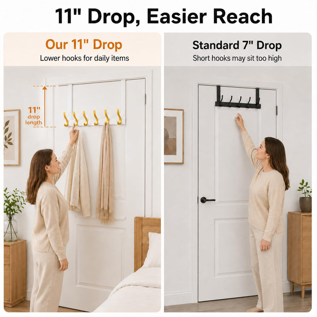 Peasulin 2 Pack 11" Over the Door Hook Rack, 6 Double Hooks