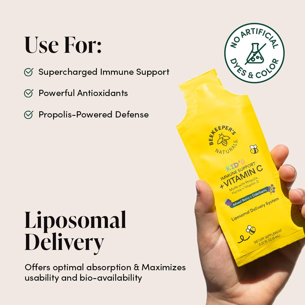 Beekeeper's Naturals Kid's Immune Liposomal Vitamin C, 500 mg Vitamin C, Elderberry, Vitamin D, Propolis & Honey, Kid-Friendly Immune Support - Mixed Berry Flavor, Easy to Use, Bioavailable, 30 Ct