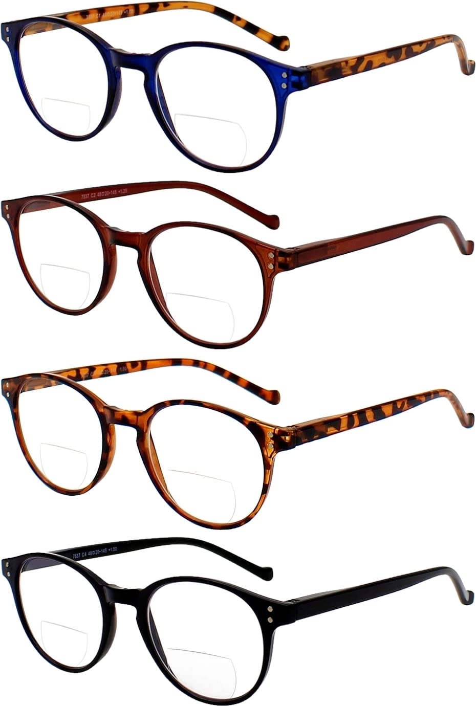 Yogo Vision Bifocal Reading Glasses for Men and Women Rectangle MultiFocal Readers with Spring Hinges Retro Design 4 Pack: Transparent Blue Frame, Transparent Brown, Demi, Black 2.5
