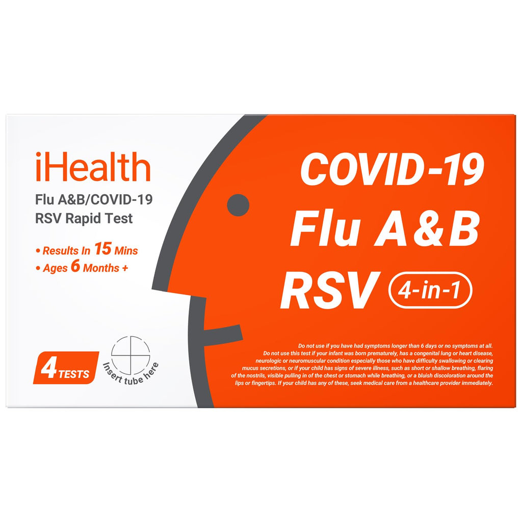 iHealth Flu A/B, COVID-19 & RSV 4-in-1 Antigen Rapid Test, Results in 15 Minutes, FDA Authorized OTC Home Test, Non-Invasive Nasal Swab, Easy to Use & No Discomfort (1 Pack, 4 Tests Total)