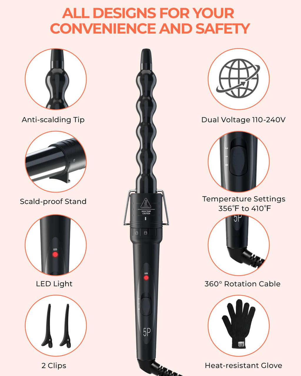 5 in 1 Curling Wand Set: Ohuhu Curling Iron Wand 5Pcs 0.35 to 1.25 Inch Interchangeable Ceramic Barrel Heat Protective Glove 2 Clips Dual Voltage Hair Curler for Girl Women Mother Christmas Gift Black