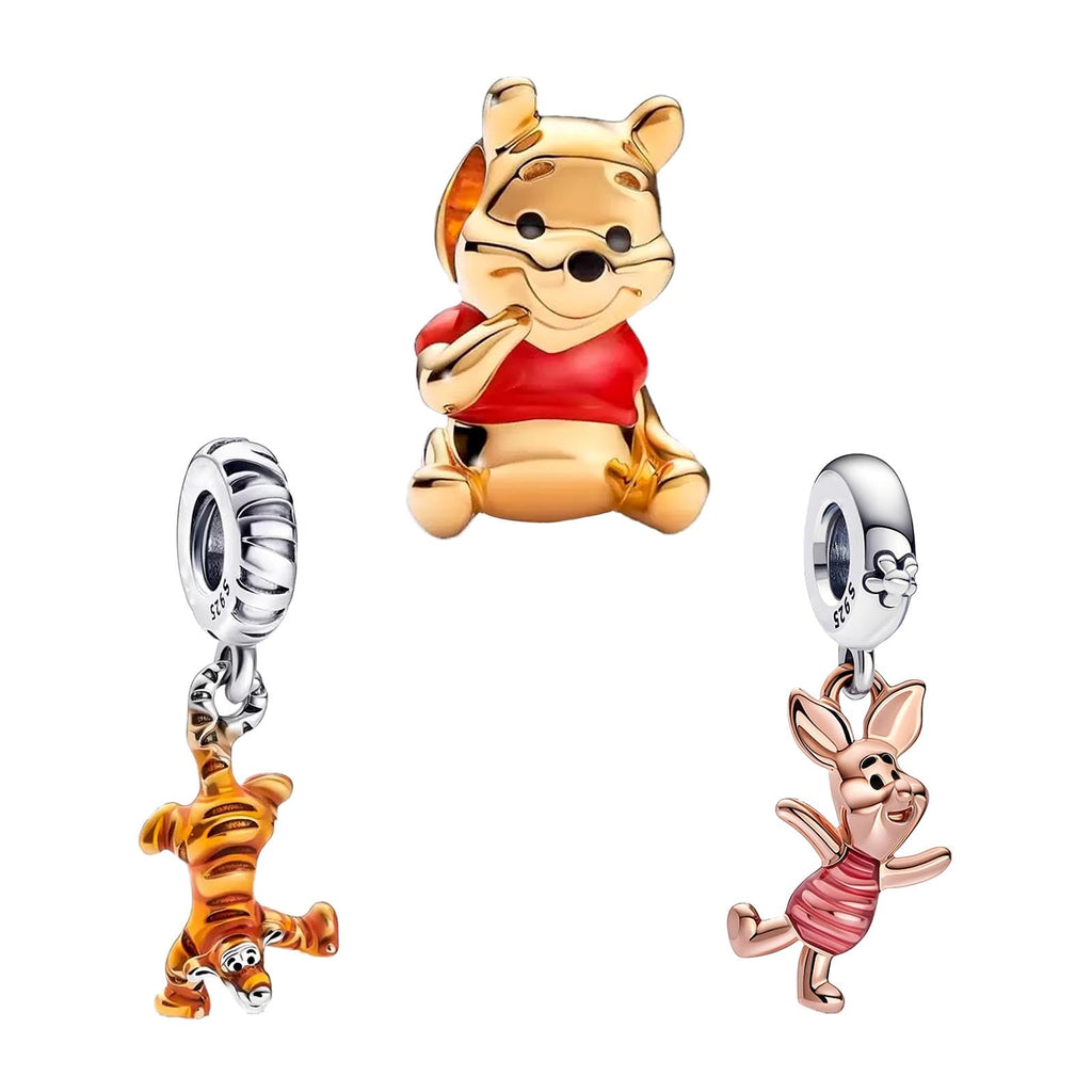 Doyafer 925 Sterling Silver Charms Iron Cool Man Golden Bear Cute Mouse Beads For Women Bracelets Necklace Gifts for Family and Friends 3 Piece/Package Tiger, bear, little pig (Charm Set- B)