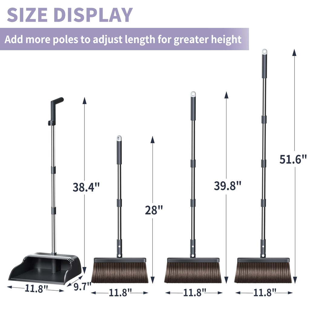 Broom and Dustpan Set, 51.6" Long Handle Broom with Dustpan Combo Set with Dustpan Teeth & Two Broom Heads, Brooms with Dust Pan for Sweeping Indoor Home Kitchen Office Lobby Pet Hair
