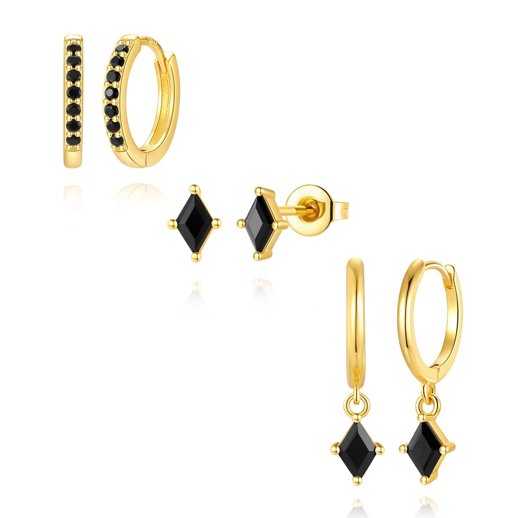 3 Pairs Black CZ Hoop Earrings for Women, Huggie Dangle Stud Set