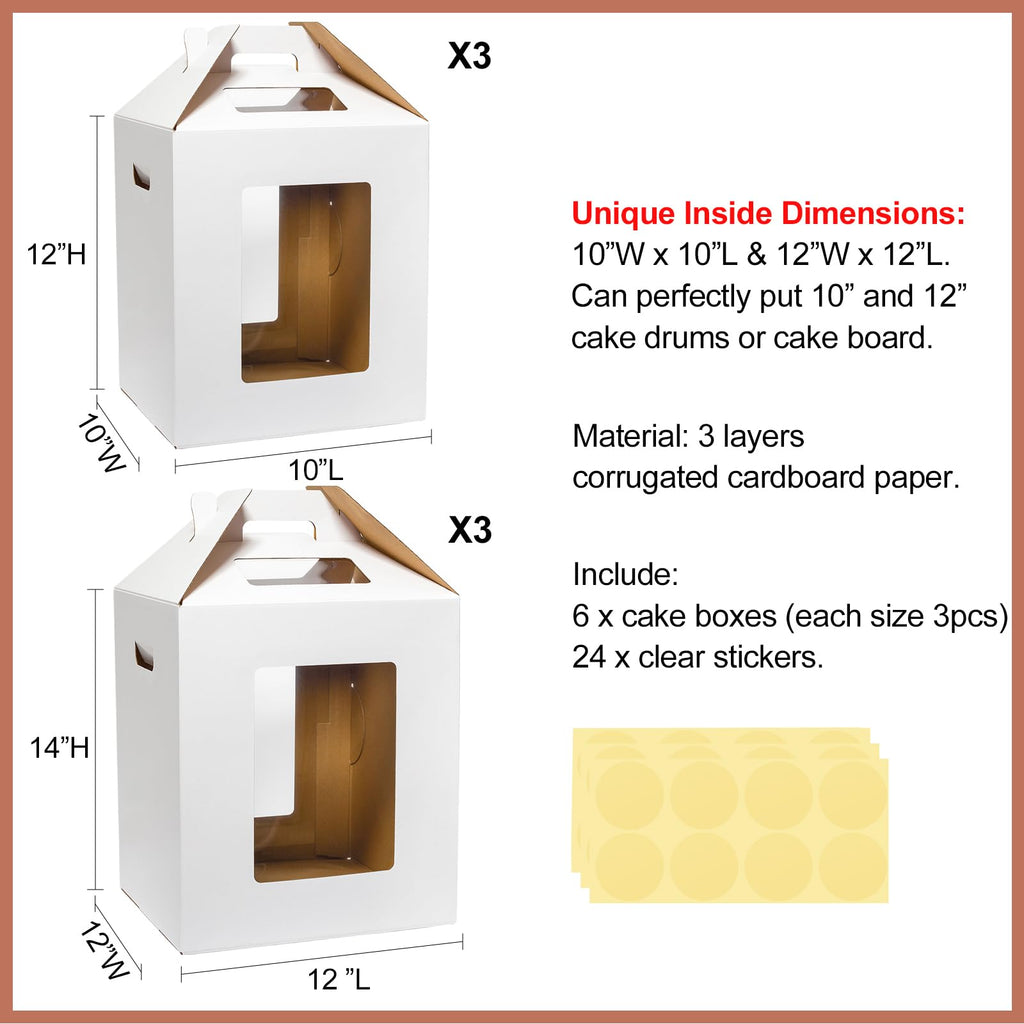 Mcfleet 6 Pack Tall Cake Box for Tier Cake with Window 2 Sizes 10x10x12 & 12x12x14 Inch, Disposable Large Layer Bakery Carrier with Handle - Bakery Safe Transport Box for Wedding, Birthday, Party