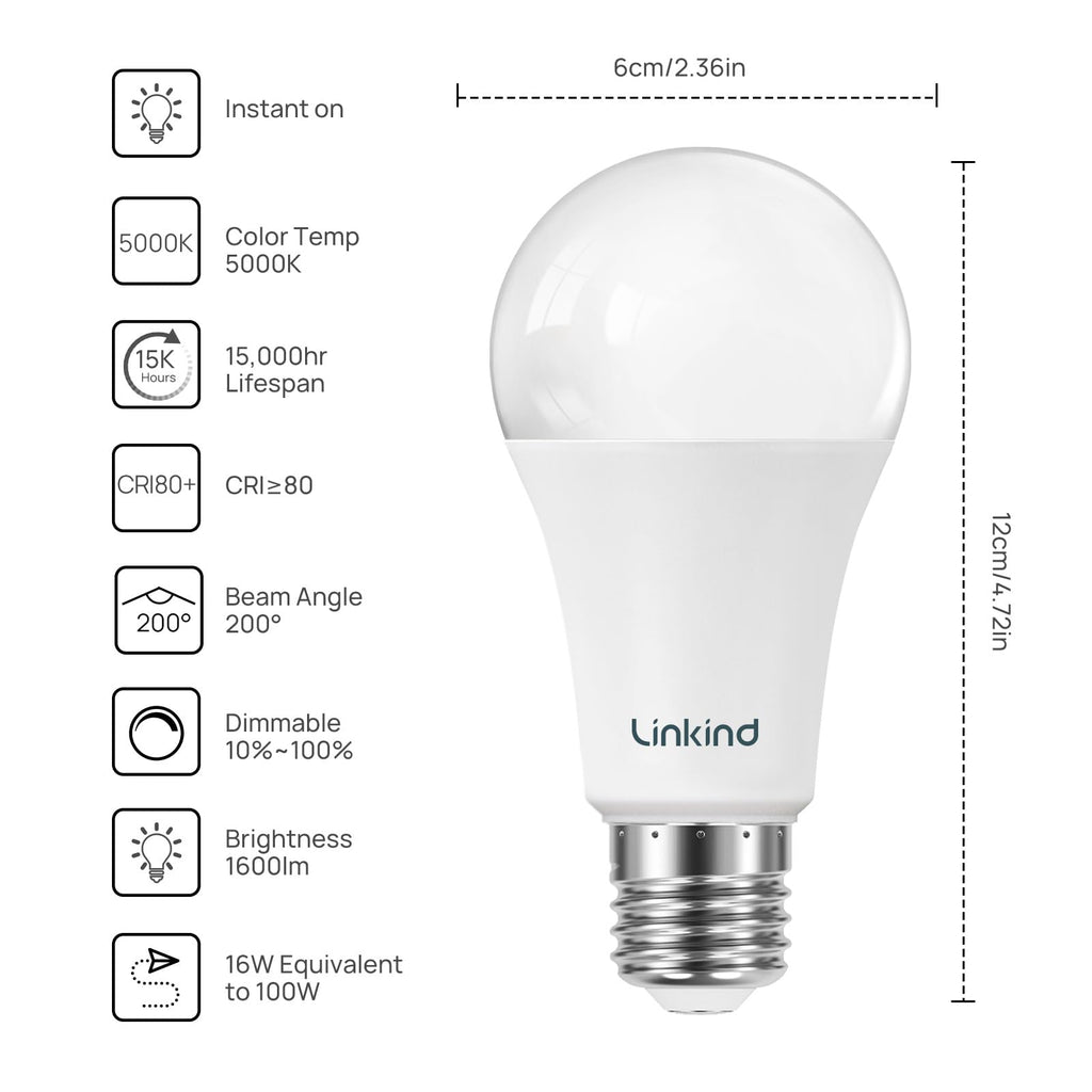 Linkind A19 LED Light Bulbs Dimmable, 100W Equivalent Light Bulbs, 16W, 5000K Daylight, 1600 Lumens LED Bulbs, E26 Standard Base, 120V, Lighting for Bedroom Living Room Home Office, 6 Packs