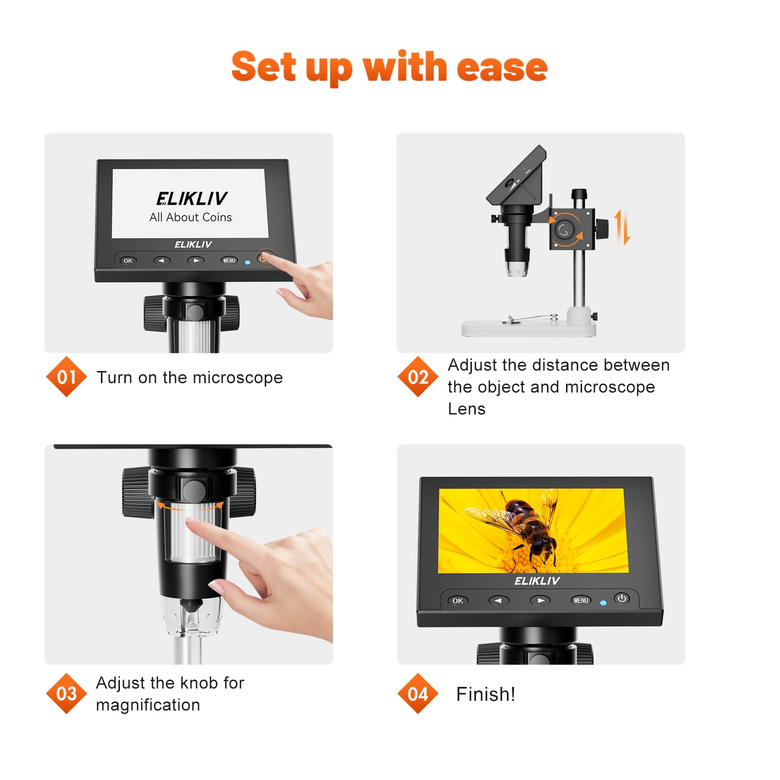 Elikliv Microscope, LCD Digital Coin Microscope 1000x, Coin Magnifier with 8 Adjustable LED Lights, PC View Compatible with Windows/MacBook, EDM4, 4.3-Inch