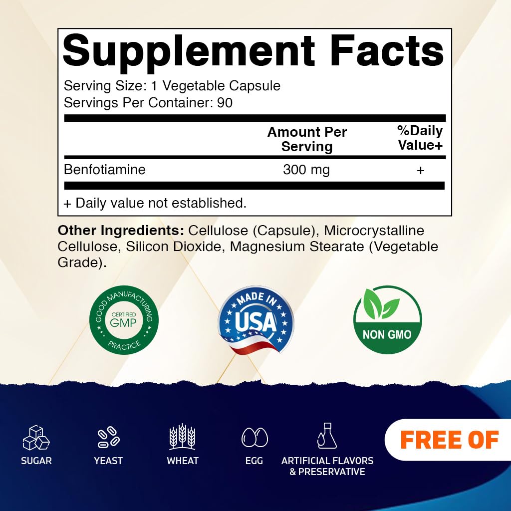 Vitamatic Benfotiamine 300 mg 90 Vegetarian Capsules - Also Called Fat Soluble Vitamin B1 (90 Count (Pack of 1)) (3 Bottles)