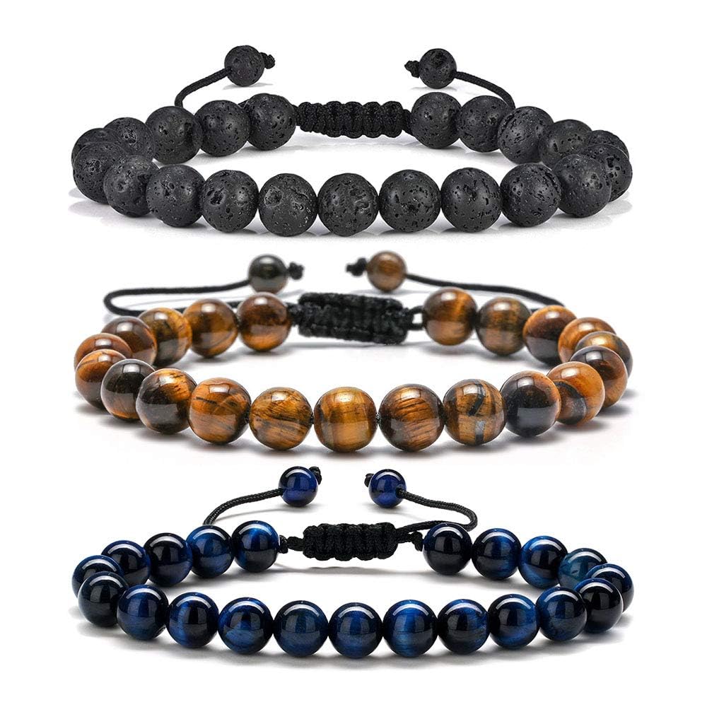 M MOOHAM Mens Beaded bracelets set, Natural Black Lava Rock Stone Bracelet