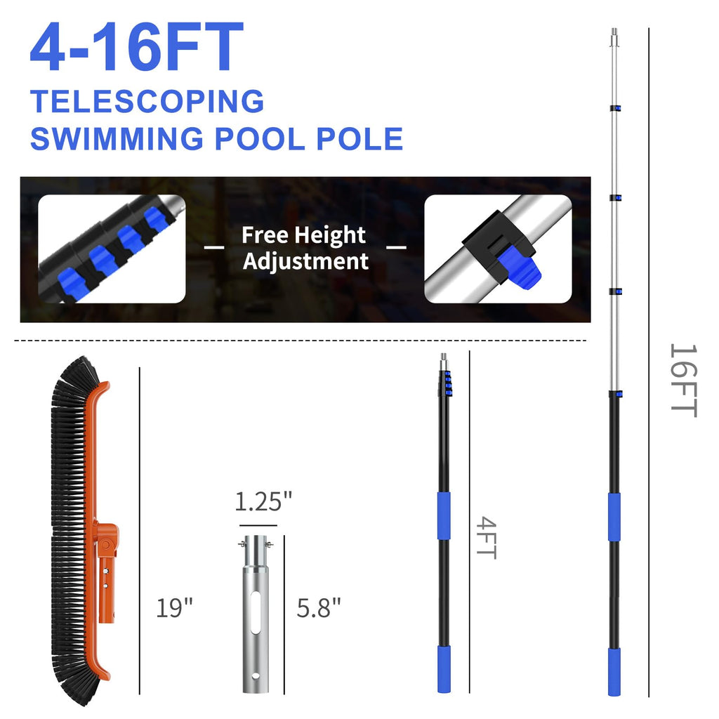 SKGPOLE 16FT Swimming Pool Pole with Brush, Upgraded Pool Pole Telescopic 16ft Heavy Duty with 19" Pool Brush Head, Adjustable Length 4 to 16 Feet, Universal Pole for Skimmer Net, Brush, Vacuum Head