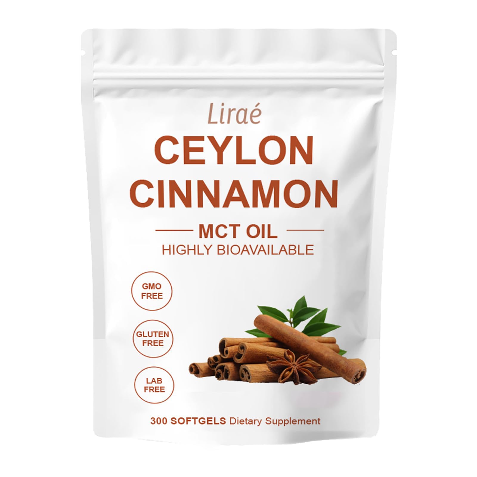 LIRAE Ceylon Cinnamon - Soft Gels 7200mg Equivalent with Mct Oil, Non-GMO, Gluten Free, Highly Bioavailable & Easy to Swallow - 300 Softgels (1)