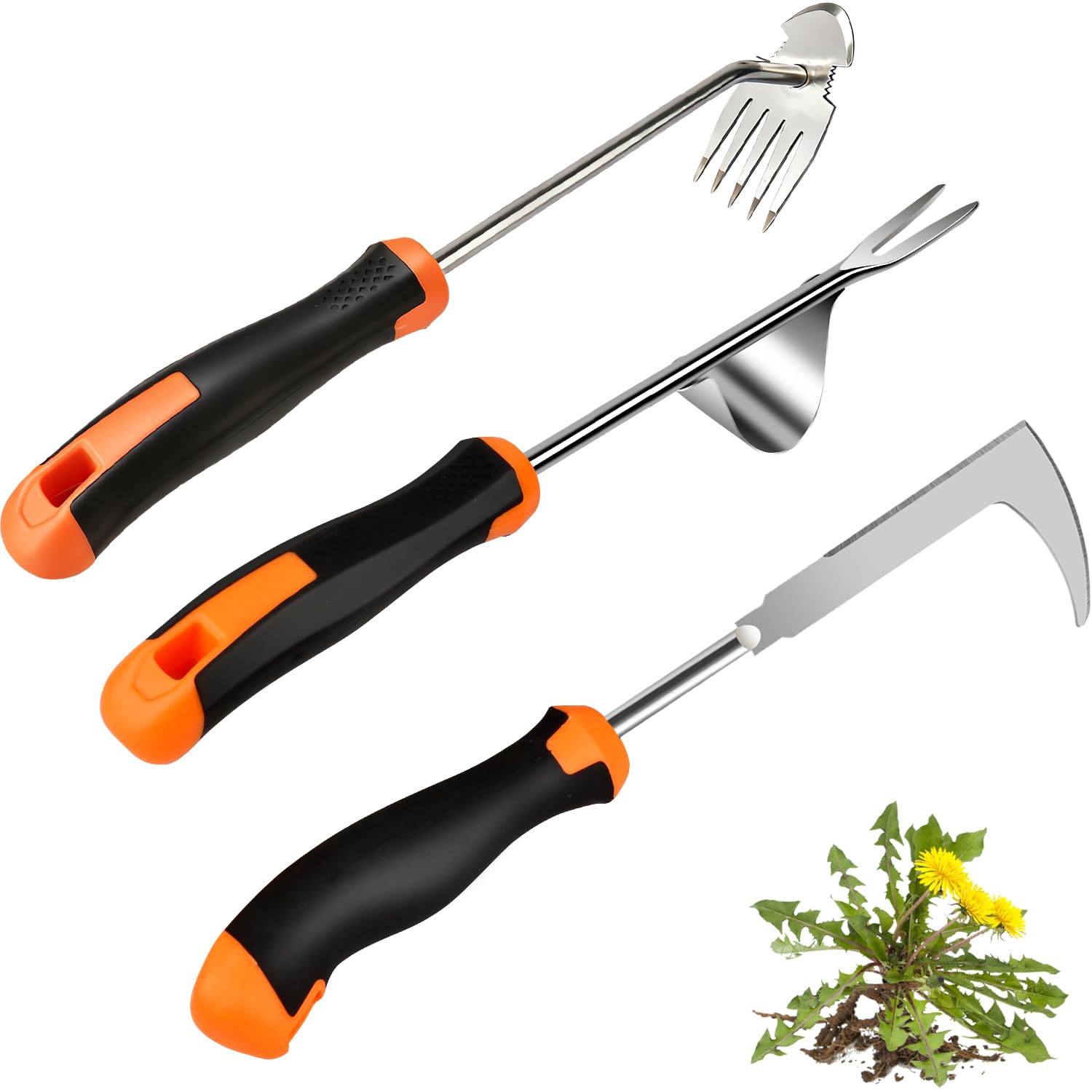 DWULCX 3 Pack Manual Weed Puller Tool, New Garden Stainless Steel Weeder Tool Hand Weeder Tool,Multi-Purpose Weed Remover Tool Weeding Tools for Gardening(Rubber Handle)