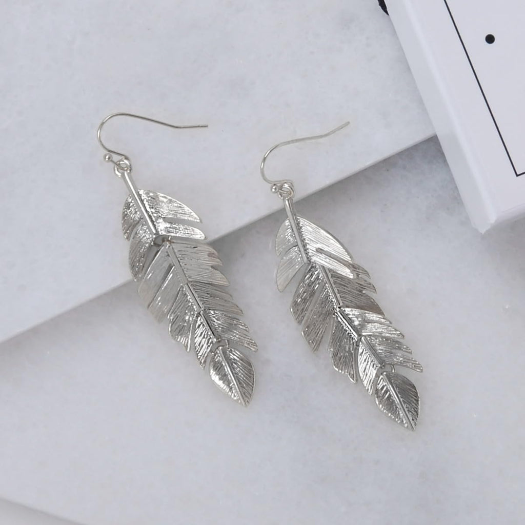 Floating Feathers Dangle Earrings - Silver Tone Long Hanging Leaf Drops
