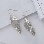 Floating Feathers Dangle Earrings - Silver Tone Long Hanging Leaf Drops