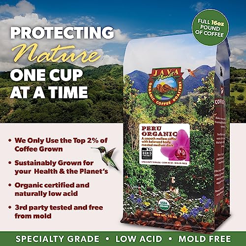 Java Planet Organic, Peru Single Origin Medium Dark Roast, Smooth Full Flavored Organic Coffee Beans, Low Acid, Whole Bean Coffee, Smithsonian Bird Friendly Two 1LB Bags