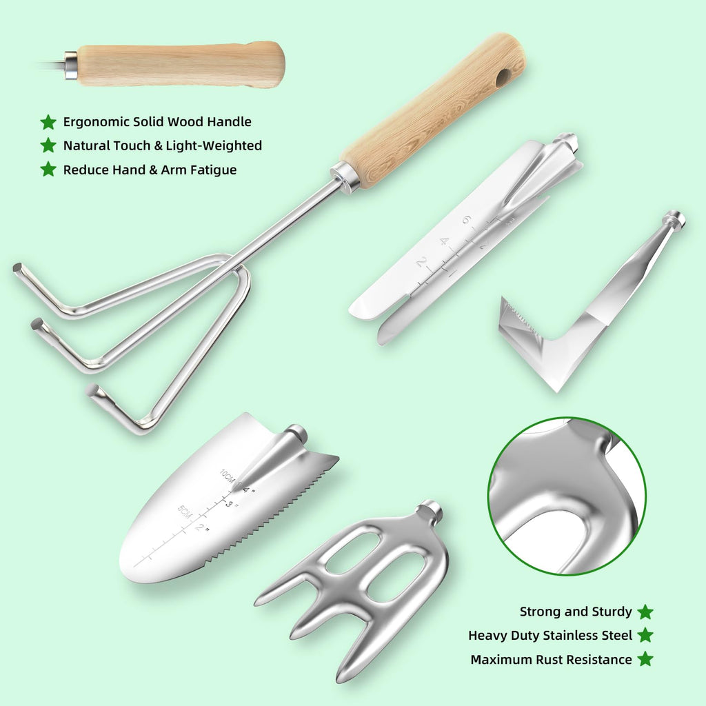 Garden Tools Set, 9-Piece Heavy Duty Gardening Tools with Clear Pocket Tote Bag, Stainless Steel Garden Hand Tools for Digging, Planting, Weeding and Pruning, Durable Gardening Kit