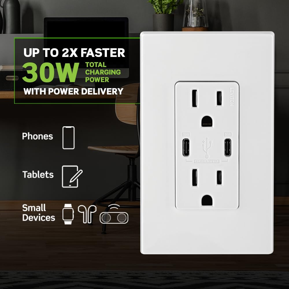 Leviton 30W (6A) USB Dual Type-C/C Power Delivery In-Wall Charger with 15A Tamper-Resistant Outlet, USB Charger for Smartphones, Tablets, Laptops, T5635-W, White