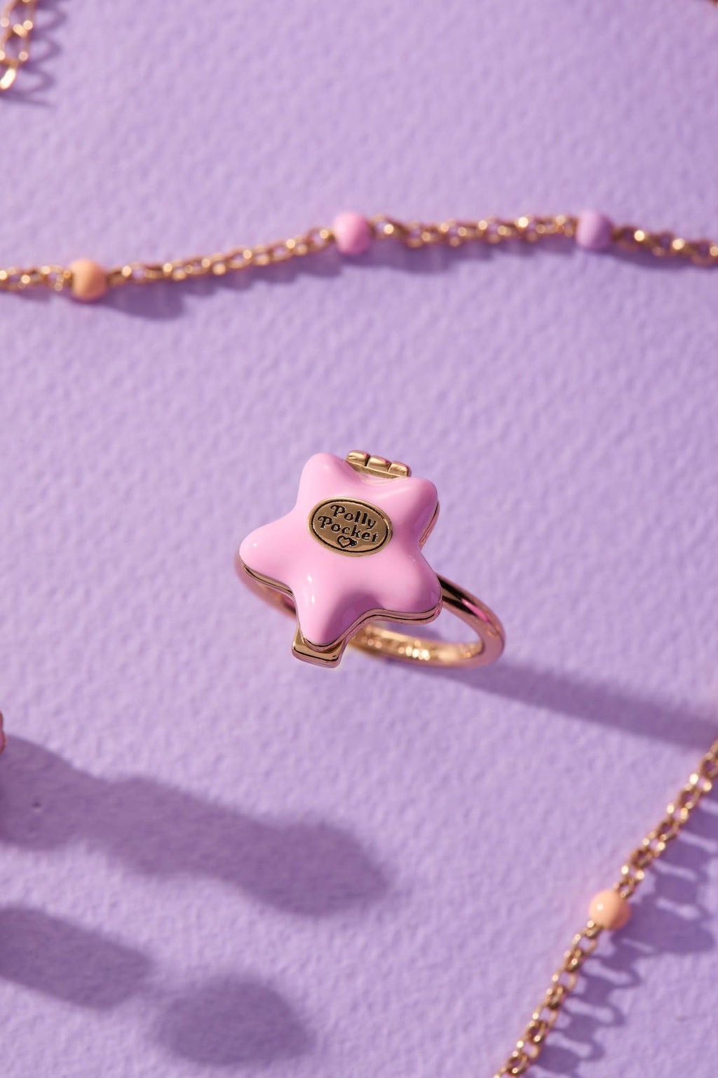 Alex and Ani Polly Pocket™ Locket Ring - Pink Star-Shaped Top with 'Tiny and Cute' Quote, Pastel Enamel Gold Finish Nickel-Free, Ideal for Polly Pocket™ Fans