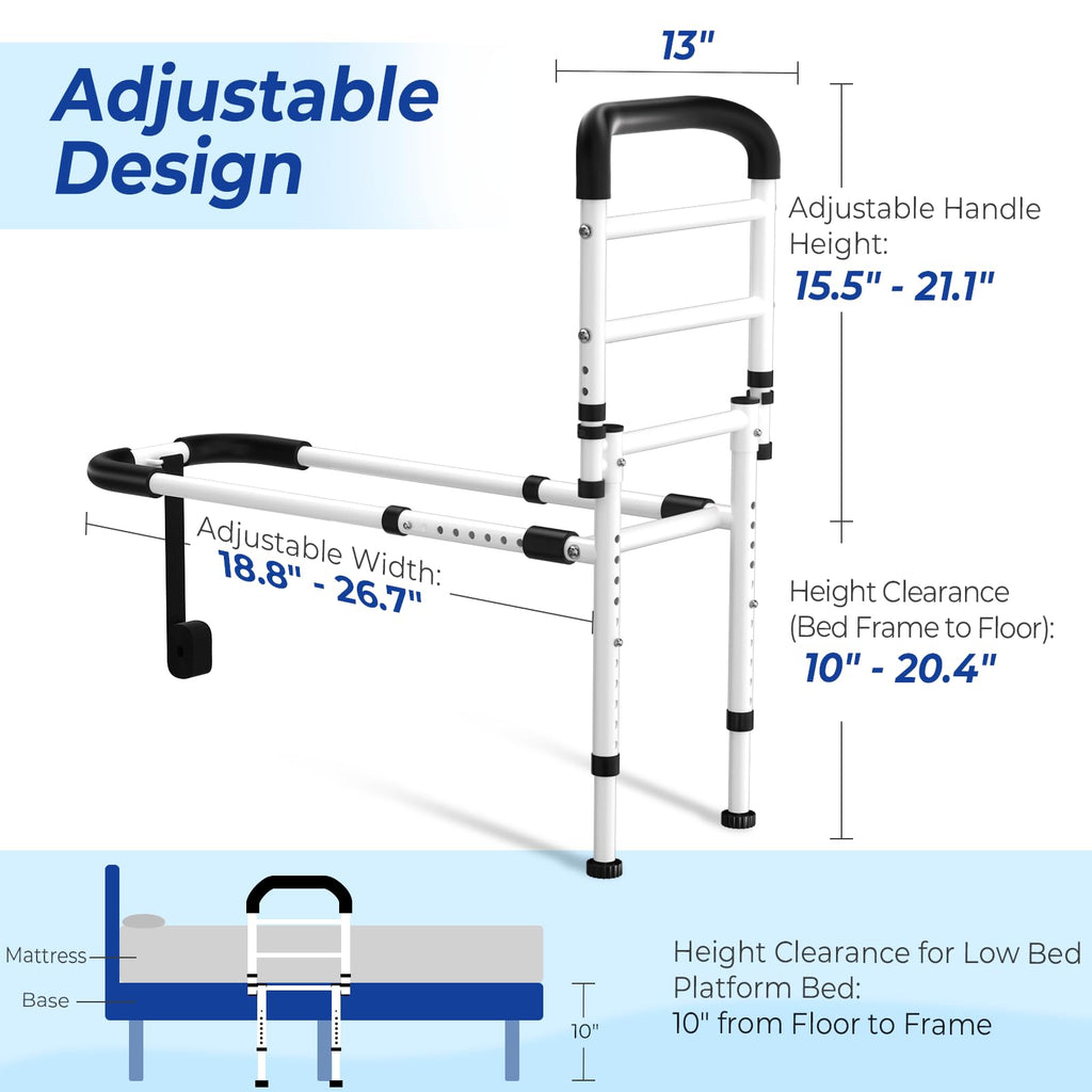 KingPavonini Bed Rails for Elderly Adults Safety 2026 Upgrade, ASTM-Approved Bed Rails for Seniors with Anti-Wobble Adjustable Feet, 400lb Bed Cane, Non-Slip Handle & Storage Bag, No-Tools, Model GS04