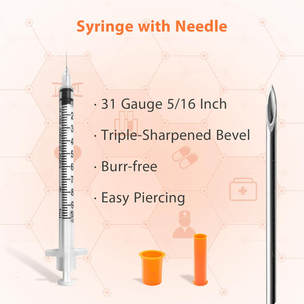 Syringes with Needle, U-100 1ml 31G 5/16" (8mm) Syringe, Pack of 30