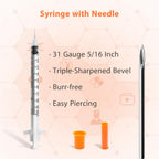 Syringes with Needle, U-100 1ml 31G 5/16" (8mm) Syringe, Pack of 30
