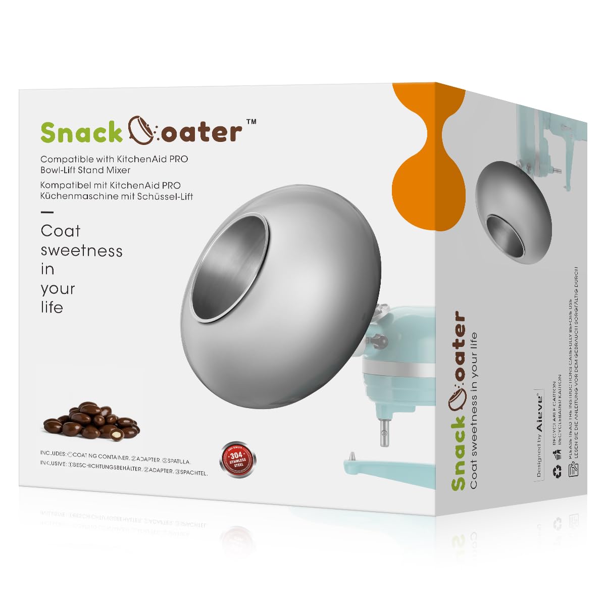 Aieve Snack Coater Compatible with KitchenAid Bowl-Lift Stand Mixer for Making Chocolate Covered Almonds, Pistachio, Peanut, Freeze Dried Strawberry, Raisin, Macadamia Nuts and Blueberry