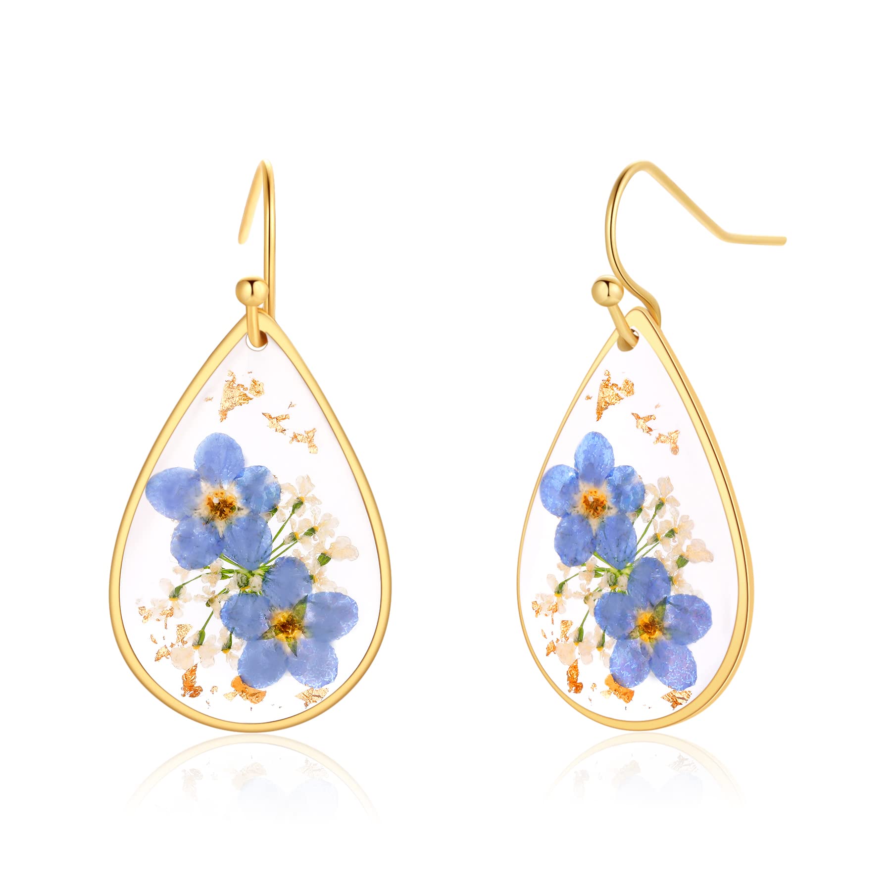 Forget-Me-Not and Queen Anne's Lace Pressed Wildflower Earrings | Drop Dangle Earring For Women Girls | Pressed Flower Teardrop Jewelry Dry Flowers | Personalized Handmade Jewelry | Gift for Woman