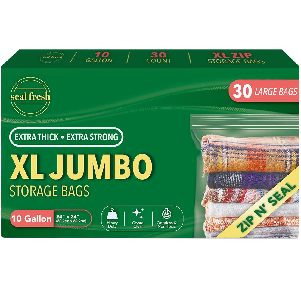 Seal Fresh 10 Gallon Large Plastic Storage Bags – 24" x 24" (30 Count) – Reusable XXL Extra Large Heavy Duty Clear Jumbo Freezer Zip Lock Bags with Sealable Zipper Top For Clothes, Travel, Moving