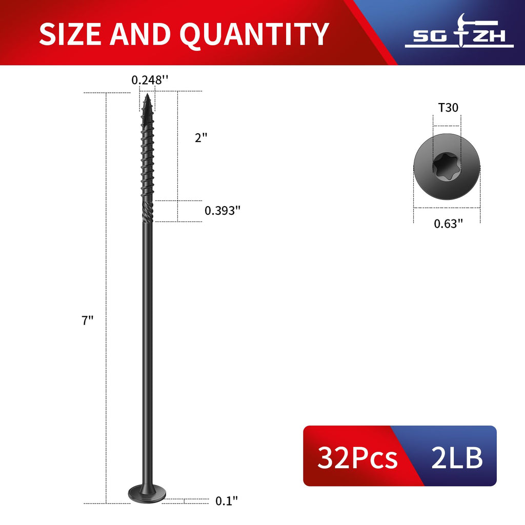 SG TZH #14 x 7 Inch Outdoor Structural Wood Deck Screws (32Pcs/2lb), Carbon Steel, Black, Flat Head, Rust Resistant Epoxy Coated, T30 Star Bit