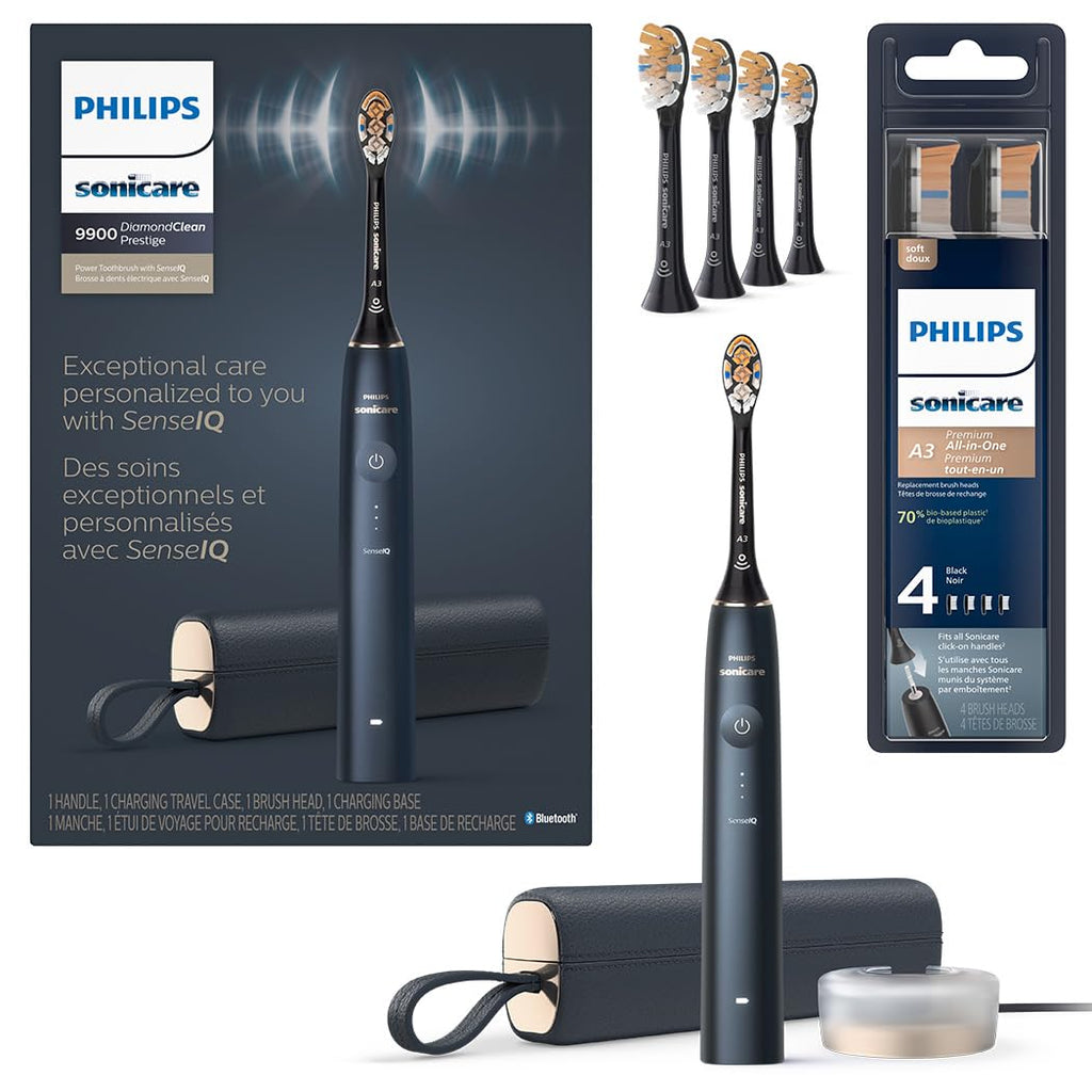 Philips Sonicare DiamondClean 9900 Prestige Electric Toothbrush - with SenseIQ Technology and Advanced AI App, 5 Brushing Modes, 3 Intensity Levels, Charging Travel Case,Midnight Blue, Model BD9002AZ