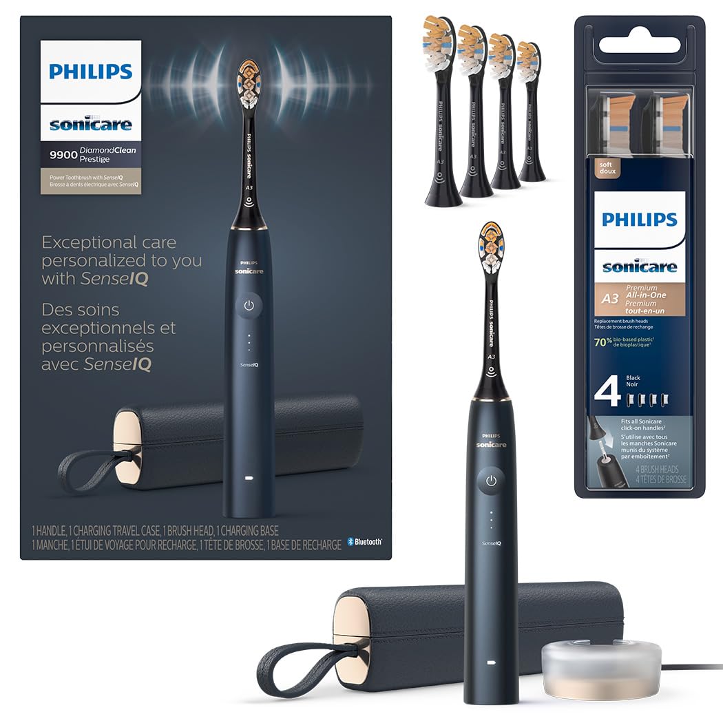 Philips Sonicare DiamondClean 9900 Prestige Electric Toothbrush - with SenseIQ Technology and Advanced AI App, 5 Brushing Modes, 3 Intensity Levels, Charging Travel Case,Midnight Blue, Model BD9002AZ