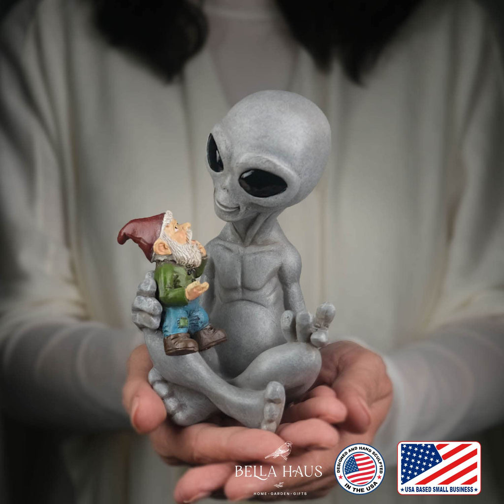 BELLA HAUS DESIGN Andre' & Fritz Friendship Stories Alien and Gnome Garden Statue | Poly-Resin 6.5" h x 4" w x 3.5" d Outdoor Décor (Stories - Garden Statue)
