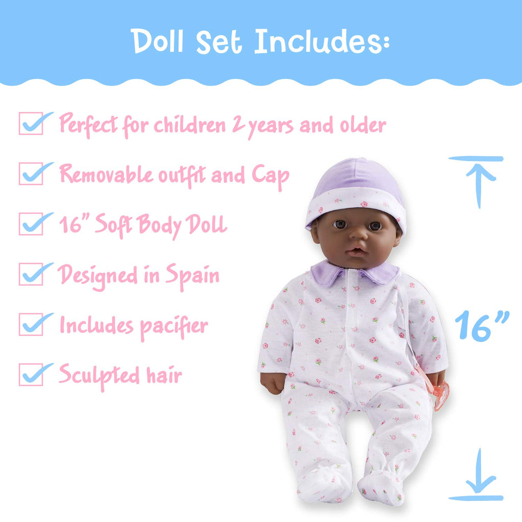 JC Toys African American 16-inch Medium Soft Body Baby Doll La Baby | Washable |Removable Purple Outfit w/ Hat and Pacifier | for Children 12 Months +, 16 inches