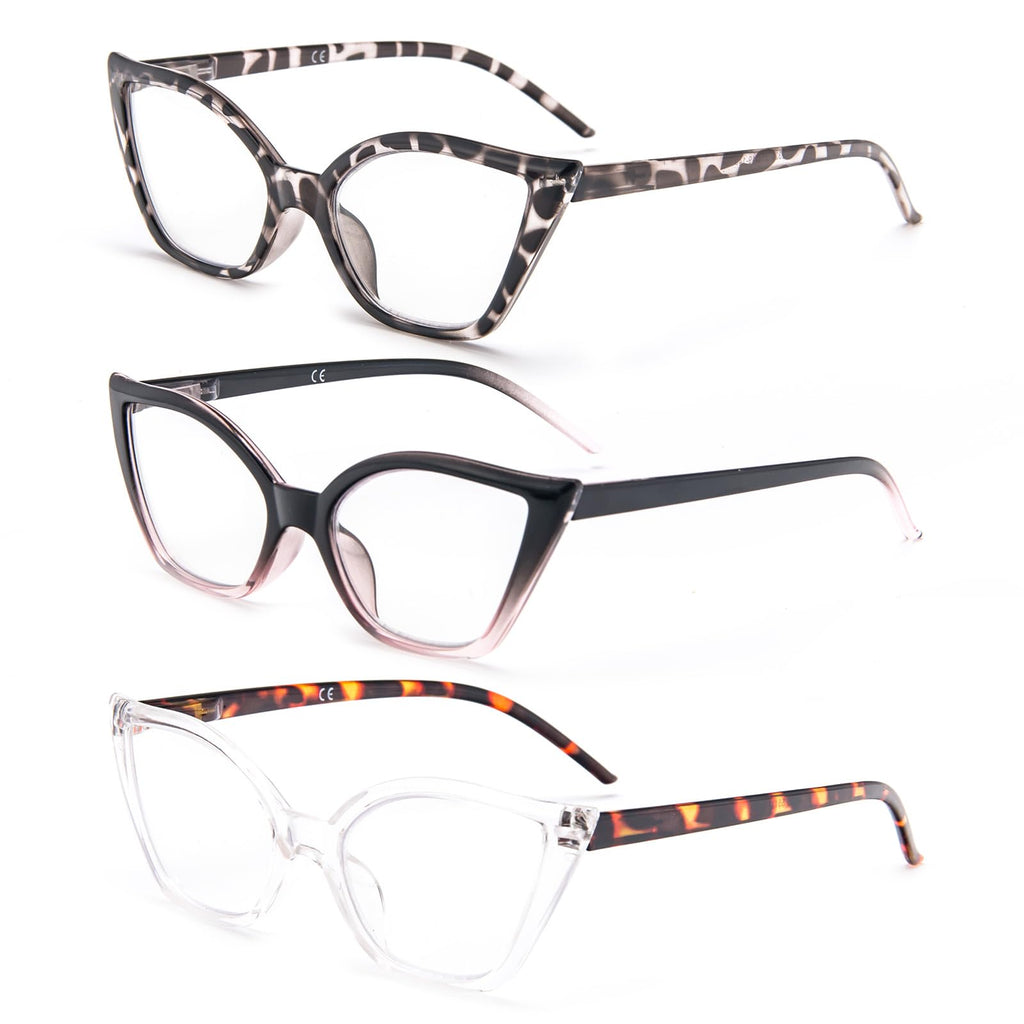 DXYXYO Cat Eye Reading Glasses 1.75 for Women 3 Pack Anti Blue Light Computer Readers Stylish Retro with Spring Hinge, Demi+black pink+clear