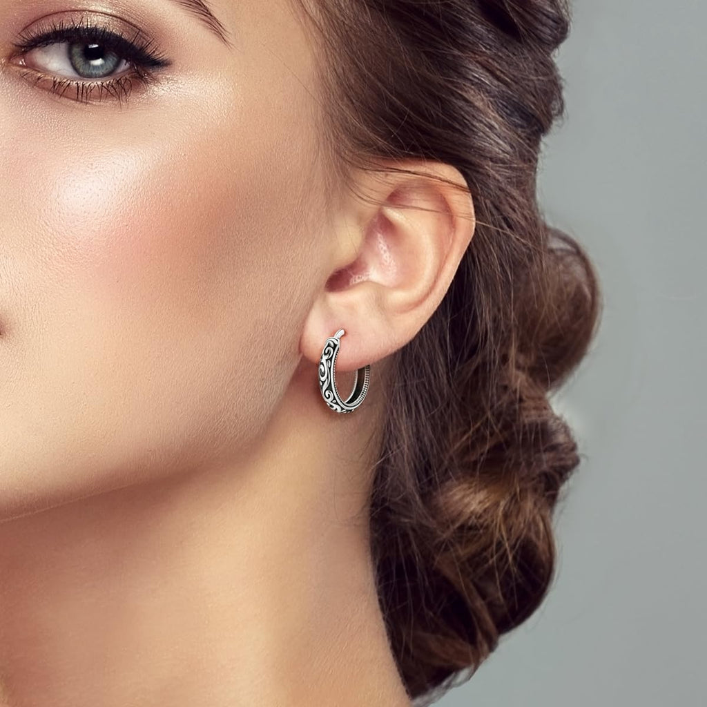 Hapour Vintage Filigree 925 Sterling Silver Oval Small Hoop Earrings for Women Fashion Flower Dainty Huggie Hoops Hypoallergenic Trendy Jewelry Birthday Gift