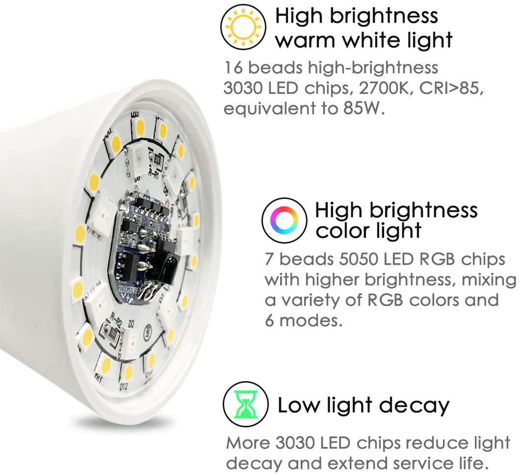 Yangcsl LED Light Bulbs 85W Equivalent 1200lm, RGB Color Changing Light Bulb, 6 Moods - Memory - Sync - Dimmable, A19 E26 Screw Base, Timing Remote Control Included (Pack of 4)