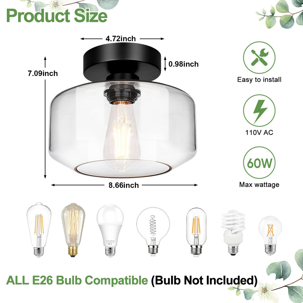 Lynnoland Industrial Semi Flush Mount Ceiling Light Black, Clear Glass Shade Ceiling Light Fixture, Farmhouse Light Fixtures for Hallway Corridor Kitchen Bathroom Bedroom Passway Foyer