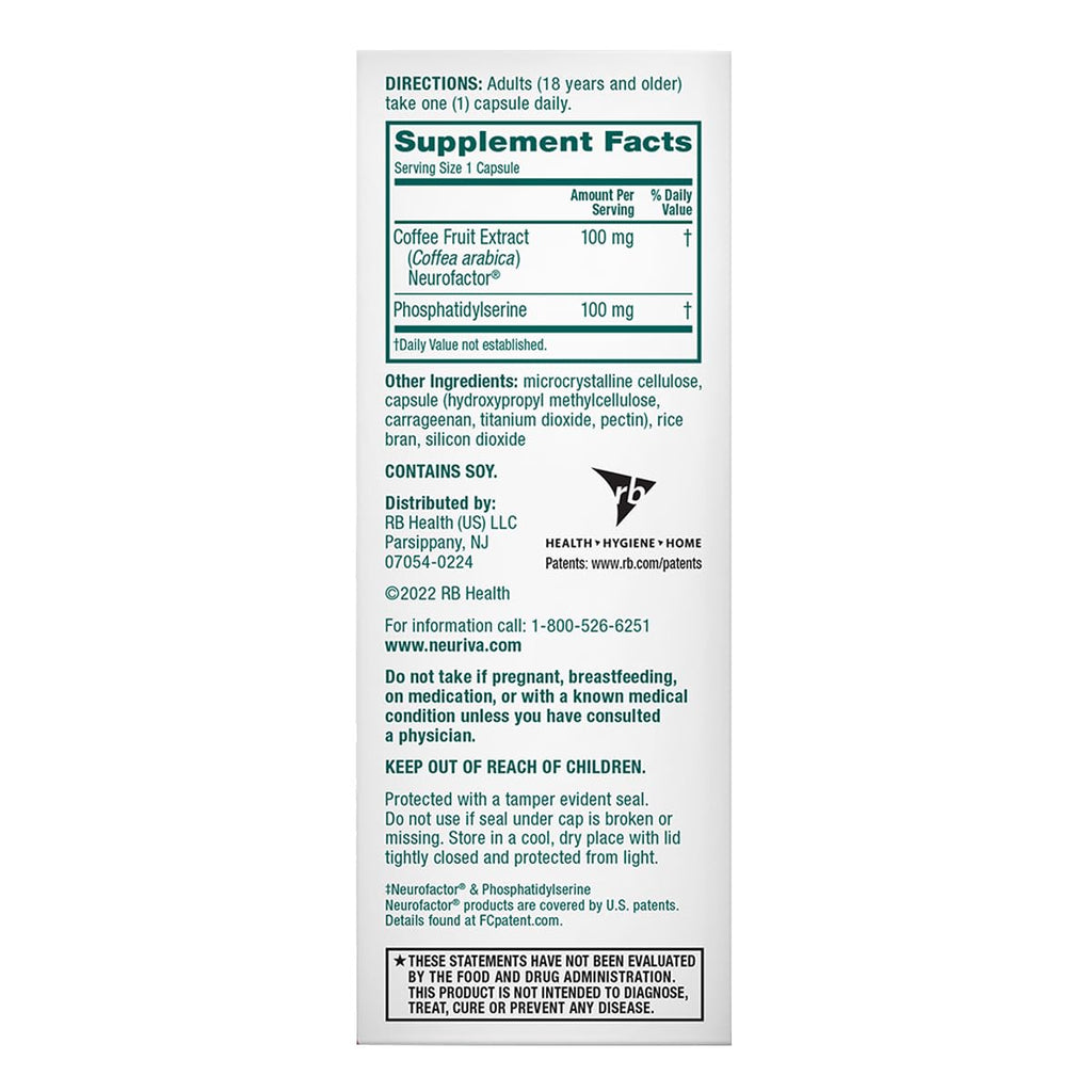 NEURIVA Original Brain Supplement for Memory, Focus & Concentration + Learning & Accuracy with Clinically Tested Nootropics Phosphatidylserine and Neurofactor, Caffeine Free, 30 Capsules (6 Pack)