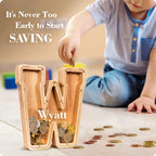 Summidate Customized Name Large Wooden Piggy Bank for Kids Boys Girls Alphabets Letter A-Z Coins Bills Money Change Bank Box Initial on Clear Cover (Laser Engraved) (Alphabet-H, Personalized-9")
